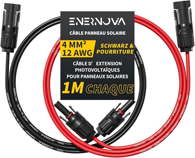 Câble Solaire 4mm²/6mm², Câble Panneau Solaire 1/2/3/5/8/10/12/15/18/20M, IP67 Câble Solaire, Câble d'extension de Câble Solaire avec Connecteurs Mâles et Femelles pour Panneau Solaire(4mm² 1M)