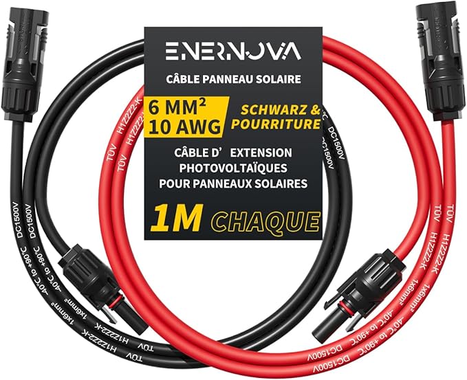 Câble Solaire 4mm²/6mm², Câble Panneau Solaire 1/2/3/5/8/10/12/15/18/20M, IP67 Câble Solaire, Câble d'extension de Câble Solaire avec Connecteurs Mâles et Femelles pour Panneau Solaire(6mm² 1M)