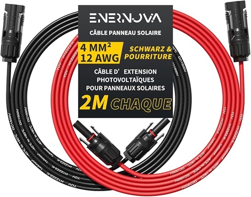 [XR-HFIG-XW2F] Câble Solaire 4mm²/6mm², Câble Panneau Solaire 1/2/3/5/8/10/12/15/18/20M, IP67 Câble Solaire, Câble d'extension de Câble Solaire avec Connecteurs Mâles et Femelles pour Panneau Solaire(4mm² 2M)