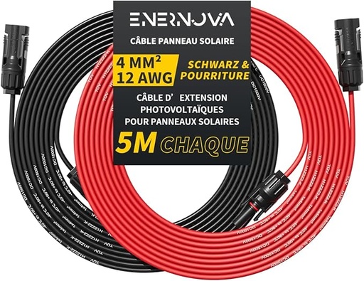 [J9-SDDC-E3AA] Câble Solaire 4mm²/6mm², Câble Panneau Solaire 1/2/3/5/8/10/12/15/18/20M, IP67 Câble Solaire, Câble d'extension de Câble Solaire avec Connecteurs Mâles et Femelles pour Panneau Solaire(4mm² 5M)