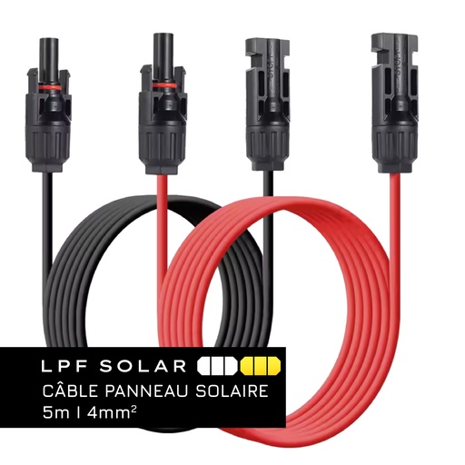 [PAIR5M4MM2] Câble Solaire 4mm²/6mm², Câble Panneau Solaire 0,5/1/2/5M, IP67 Câble Solaire, Câble d'extension de Câble Solaire avec Connecteurs Mâles et Femelles pour Panneau Solaire(4mm² 5M)
