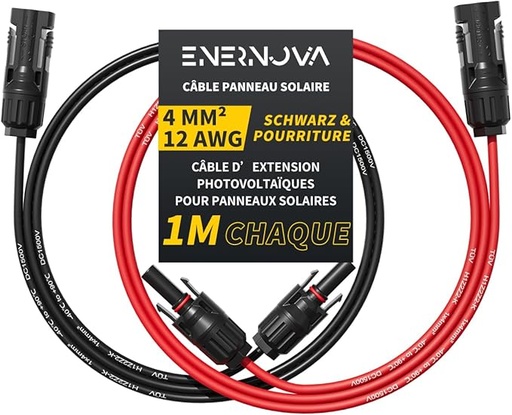 [X8-6QRH-3QOO] Câble Solaire 4mm²/6mm², Câble Panneau Solaire 1/2/3/5/8/10/12/15/18/20M, IP67 Câble Solaire, Câble d'extension de Câble Solaire avec Connecteurs Mâles et Femelles pour Panneau Solaire(4mm² 1M)
